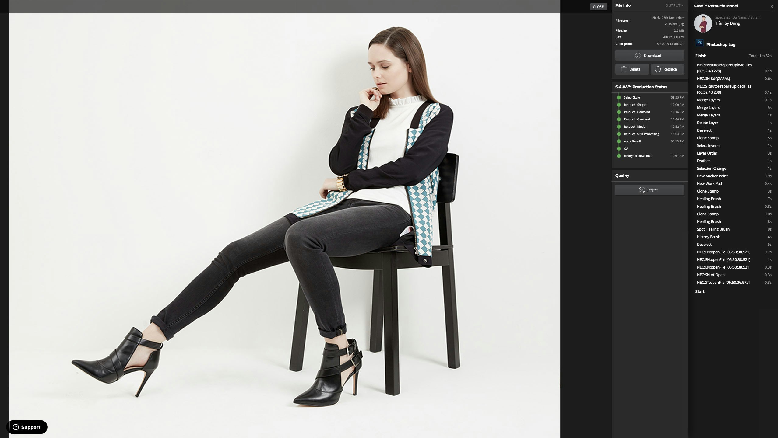 Total transparency: see every detail of every action taken on each of
your images, whether by specialist or machine product image editing service system screenshot showing process steps